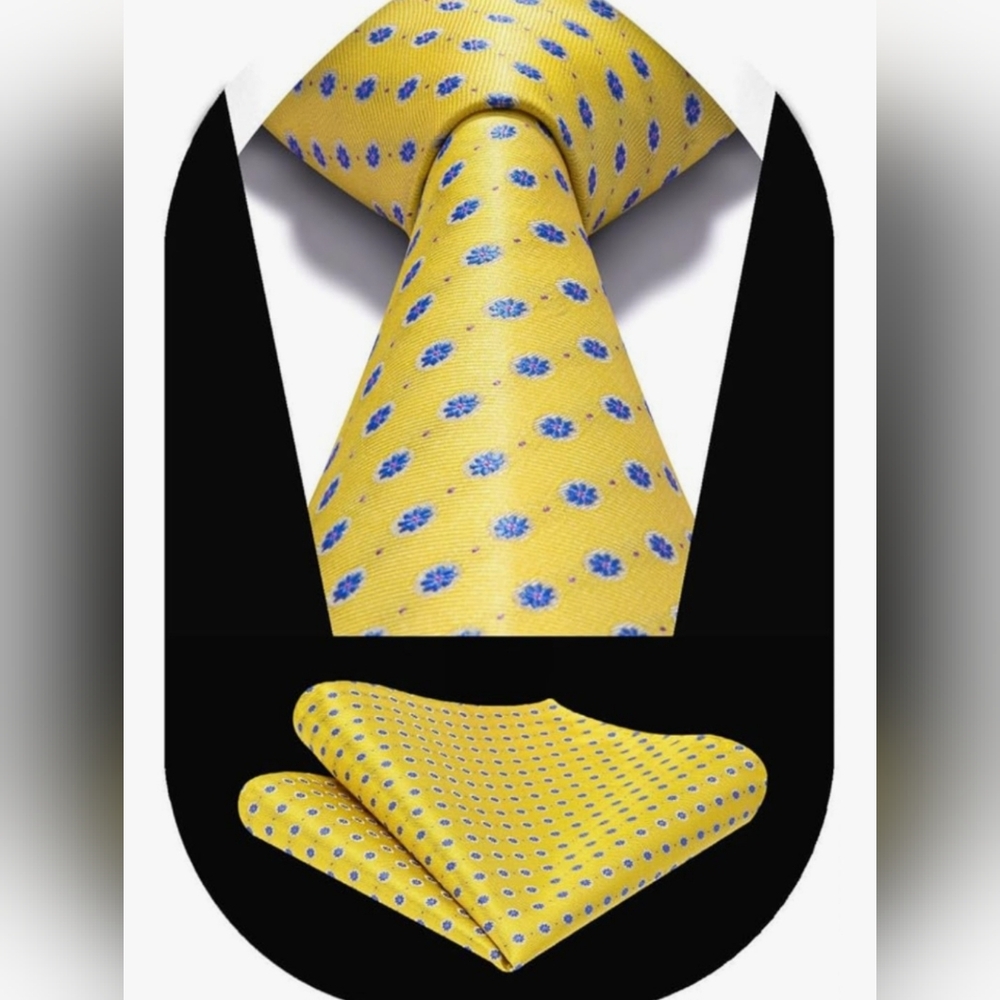 Men’s Yellow Silk Tie & Pocket Square Set Blue Floral Polka Dot Classic‎ Formal